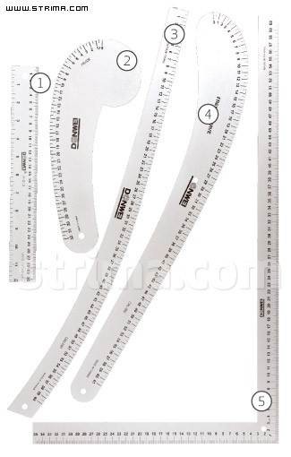 ZESTAW LINIAŁÓW DLA KONSTRUKTORA ODZIEŻY 5 SZT ALUMINIUM